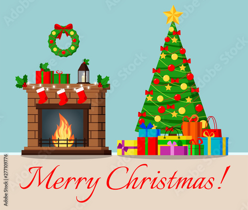 Greeting card with decorated christmas tree and fireplace with star, decoration balls and bows and gifts under the tree.