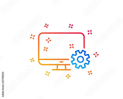 Computer or Monitor icon. Service Cogwheel sign. Personal computer symbol. Gradient design elements. Linear monitor settings icon. Random shapes. Vector