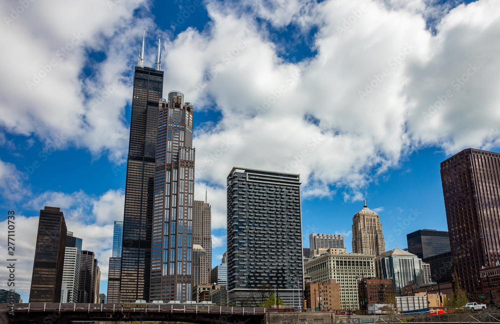 Chicago Illinois city skyscrapers, blue sky background