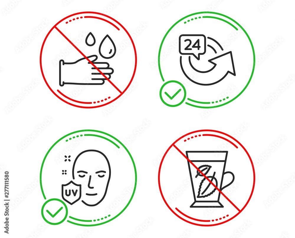 Do or Stop. 24 hours, Uv protection and Rubber gloves icons simple set. Mint leaves sign. Repeat, Ultraviolet, Hygiene equipment. Mentha leaf. Medical set. Line 24 hours do icon. Prohibited ban stop Do or Stop. 24 hours, Uv protection and Rubber gloves icons simple set. Mint leaves sign. Repeat, Ultraviolet, Hygiene equipment. Mentha leaf. Medical set. Line 24 hours do icon. Prohibited ban stop