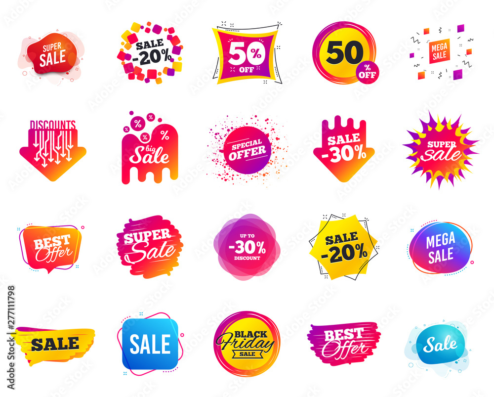 Sale banner. Special offer template tags. Cyber monday sale discount. Black friday shopping icons. Best ultimate offer badge. Super shopping discount icons. Mega banners set vector