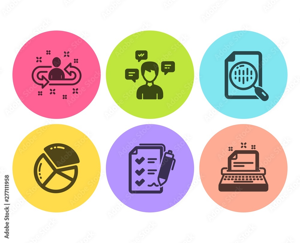 Survey checklist, Conversation messages and Pie chart icons simple set. Analytics chart, Recruitment and Typewriter signs. Report, Communication. Education set. Flat survey checklist icon. Vector