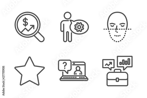 Currency audit, Star and Faq icons simple set. Cogwheel, Face recognition and Business portfolio signs. Money chart, Best rank. Science set. Line currency audit icon. Editable stroke. Vector