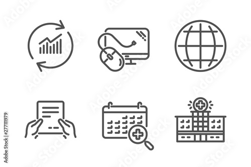 Globe, Receive file and Medical calendar icons simple set. Update data, Computer mouse and Hospital building signs. Internet world, Hold document. Science set. Line globe icon. Editable stroke. Vector