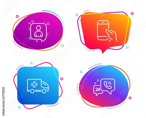 Ambulance emergency, Developers chat and Hold smartphone icons simple set. 24h service sign. Medical transport, Manager talk, Phone call. Call support. Speech bubble ambulance emergency icon. Vector