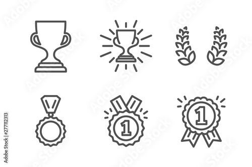 Award cup, Approved and Medal icons simple set. Laurel wreath, Trophy and Reward signs. Trophy, Winner badge. Sports set. Line award cup icon. Editable stroke. Vector