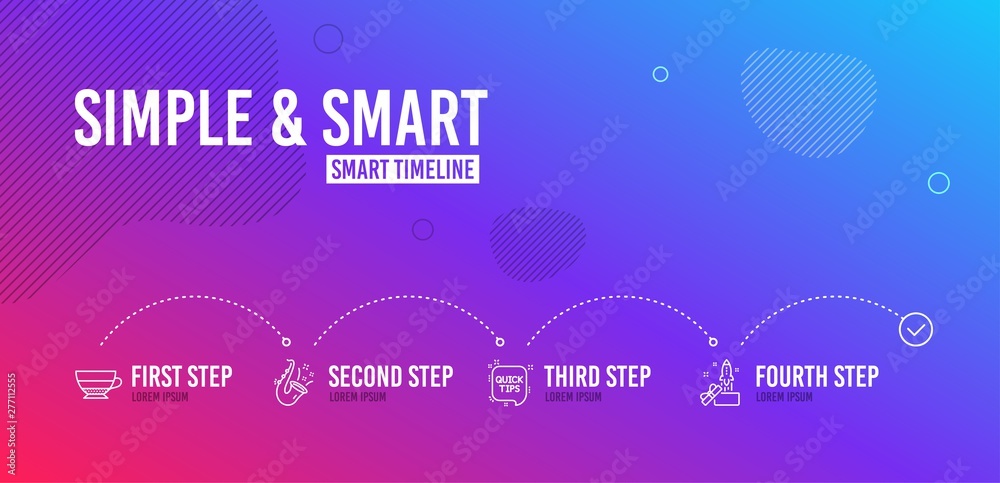 Infographic timeline. Jazz, Quick tips and Americano icons simple set. Innovation sign. Saxophone, Helpful tricks, Beverage cup. Crowdfunding. 4 steps layout. Line jazz icon. Vector