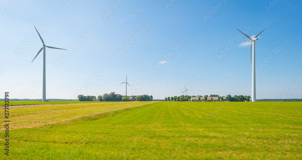Farms and wind turbines in a green meadow below a blue sky in summer Farms and wind turbines in a green meadow below a blue sky in summer