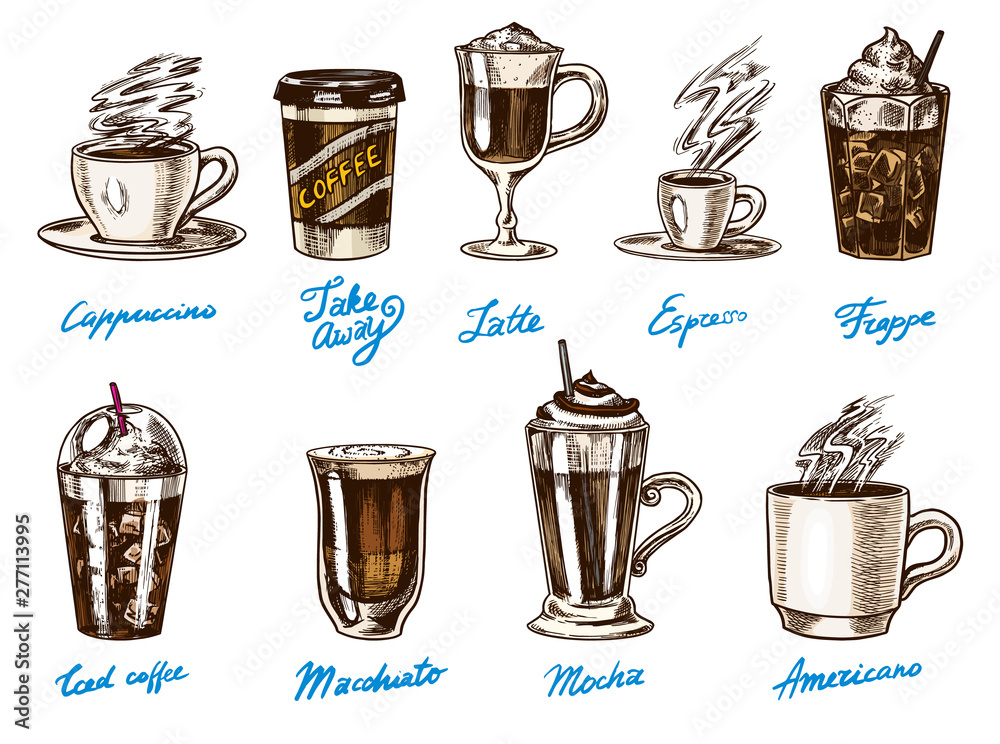 Set of cups of coffee in vintage style. Take away Cappuccino and Glace, espresso and latte, mocha and Americano, frappe in a glass. Hand drawn engraved retro sketch.