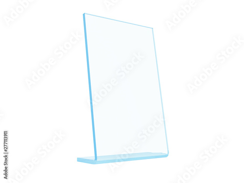 Transparent acrylic or plastic table stand display on white background. 3d rendering