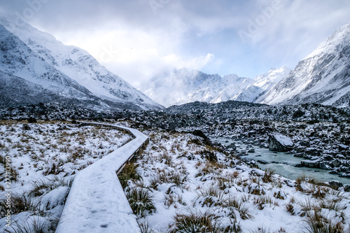 Mount Cook during winter in New Zealand. There are glacier, ice, icebergs, rocks and snow mountain in this wilderness area. This place is great for tourist who like adventure and discovery. photo