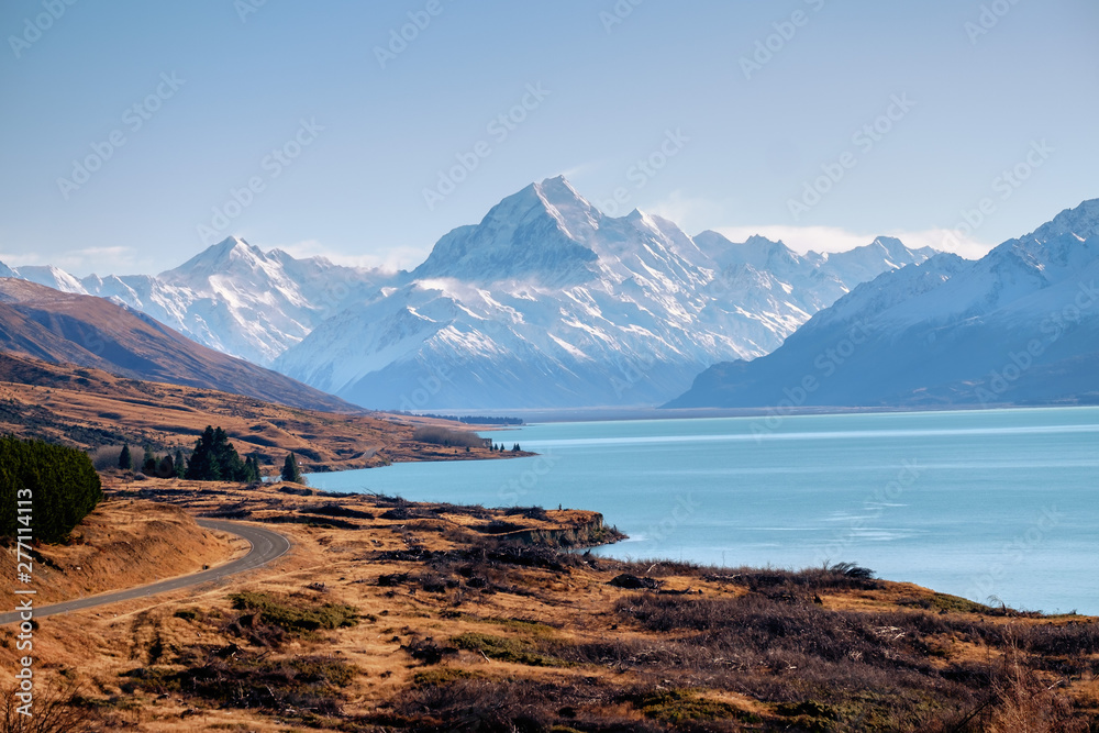 Mount Cook viewpoint with the lake pukaki and the road leading to mount cook village. Taken during winter in New Zealand