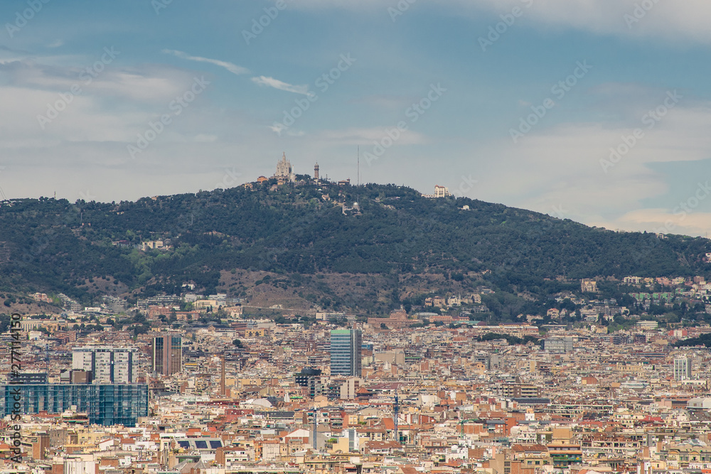 Barcelona, Spain - April, 2019: Panorama on Barcelona city from Montjuic castle. Catalonia. Spain.