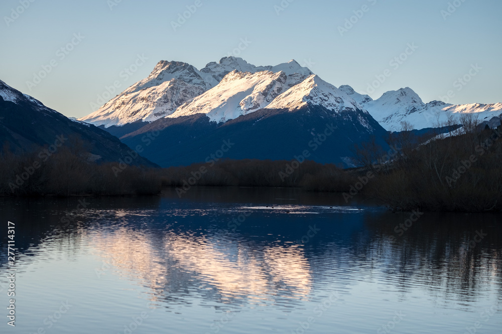 Natural landscape image of snow capped mountain in Glenorchy, Otago, New Zealand.
