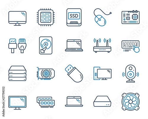 Computer components, Laptop, SSD line icons. Motherboard, CPU, Internet cables icons. Wifi router, computer monitor, Graphic card. Keyboard, SSD device. Internet cables, laptop components. Vector