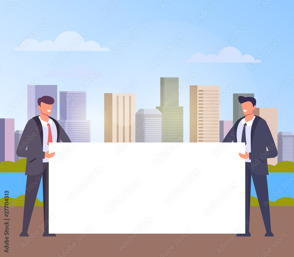 Business people office workers characters holding empty white banner. Vector flat cartoon design graphic illustration Business people office workers characters holding empty white banner. Vector flat cartoon design graphic illustration