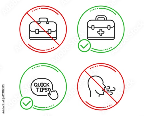 Do or Stop. First aid, Quick tips and Portfolio icons simple set. Breathing exercise sign. Medicine case, Helpful tricks, Business case. Breath. Science set. Line first aid do icon. Vector
