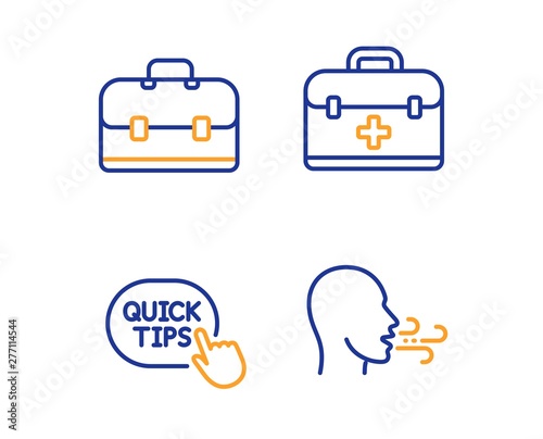 First aid, Quick tips and Portfolio icons simple set. Breathing exercise sign. Medicine case, Helpful tricks, Business case. Breath. Science set. Linear first aid icon. Colorful design set. Vector