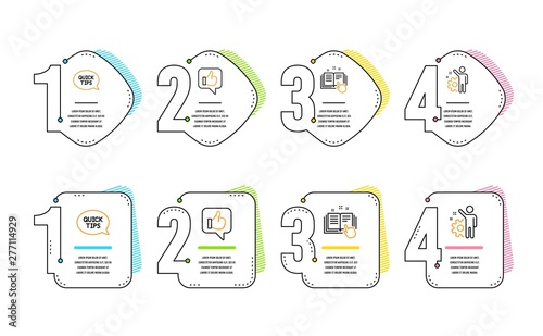 Technical documentation, Quickstart guide and Like icons simple set. Employee sign. Manual, Helpful tricks, Thumbs up. Cogwheel. Technology set. Infographic timeline. Line technical documentation icon