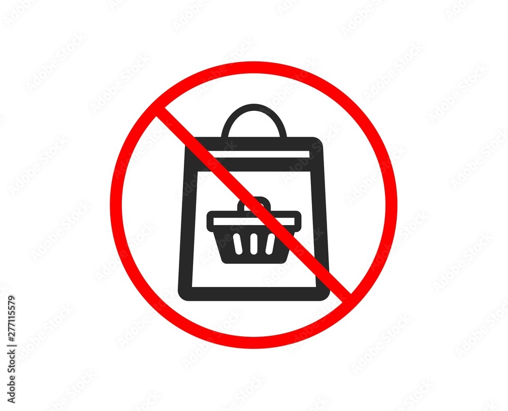 No or Stop. Shopping bag with cart icon. Supermarket buying sign. Sale symbol. Prohibited ban stop symbol. No online buying icon. Vector No or Stop. Shopping bag with cart icon. Supermarket buying sign. Sale symbol. Prohibited ban stop symbol. No online buying icon. Vector
