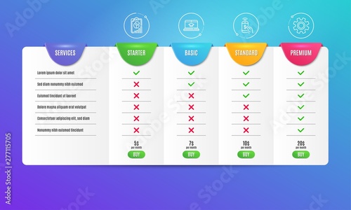 Report, Website education and Phone payment icons simple set. Comparison table. Service sign. Presentation chart, Video learning, Mobile pay. Cogwheel gear. Technology set. Pricing plan. Vector