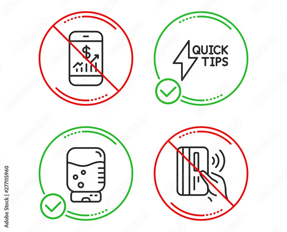 Do or Stop. Mobile finance, Water cooler and Quickstart guide icons simple set. Contactless payment sign. Phone accounting, Office drink, Lightning symbol. Bank money. Technology set. Vector