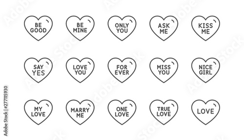 Sweet heart line icons. Sweetheart for valentines day, love heart, romantic message. Marry me, kiss me, true love icons. Valentine flirt, dating message. Linear set. Vector