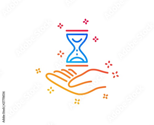 Time hourglass in hand line icon. Sand watch sign. Gradient design elements. Linear time hourglass icon. Random shapes. Vector