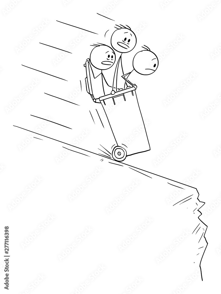 Vector cartoon stick figure drawing conceptual illustration of men or businessmen riding inside of wheelie bin down the hill to the chasm or abyss. Vector cartoon stick figure drawing conceptual illustration of men or businessmen riding inside of wheelie bin down the hill to the chasm or abyss.