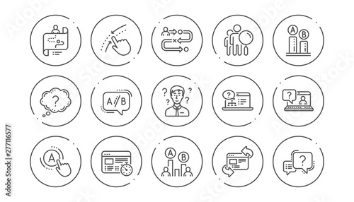 UX line icons. AB testing, Journey path map and Question mark. Quiz test linear icon set. Line buttons with icon. Editable stroke. Vector
