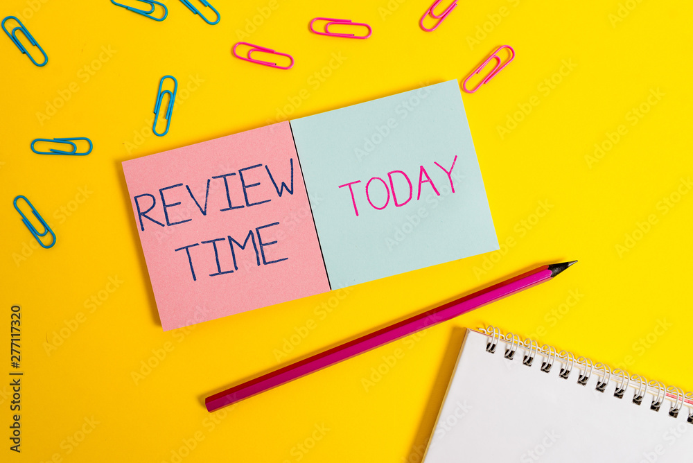 Handwriting text Review Time. Conceptual photo to think or talk about something again Set schedule to review Colored square blank sticky spiral notepads pencil clips color background Handwriting text Review Time. Conceptual photo to think or talk about something again Set schedule to review Colored square blank sticky spiral notepads pencil clips color background