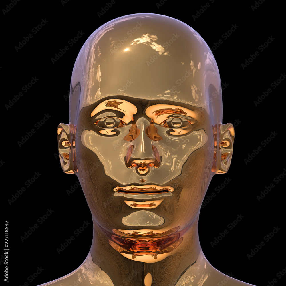 3d illustration of golden man face stylized portrait iron polished 3d illustration of golden man face stylized portrait iron polished