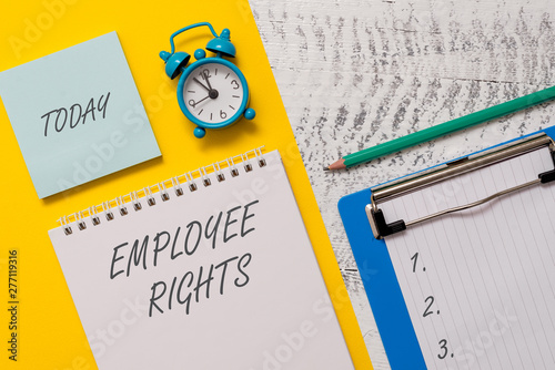 Conceptual hand writing showing Employee Rights. Concept meaning All employees have basic rights in their own workplace Spiral notepad sheet marker alarm clock wooden background photo