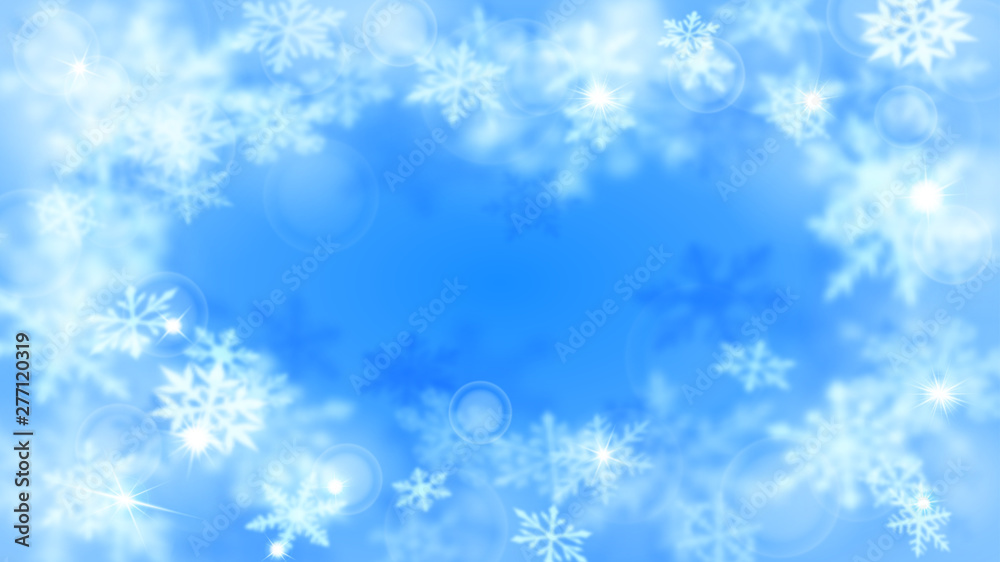 Christmas blurred background with frame of complex defocused big and small snowflakes in light blue colors with bokeh effect