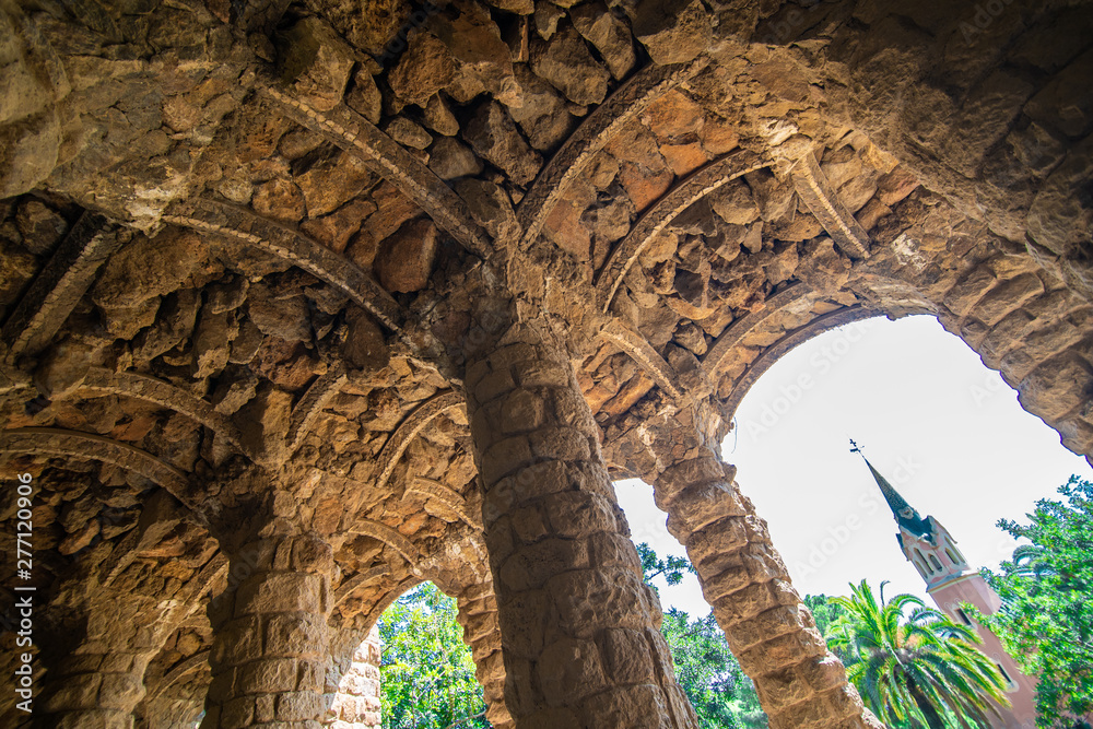 BARCELONA, SPAIN - April, 2019: Stone walkway in the Park Guell in Barcelona, Spain.