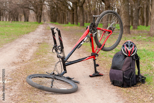 Bicycle equipment with disassembled bike for fixing on forest pathway
