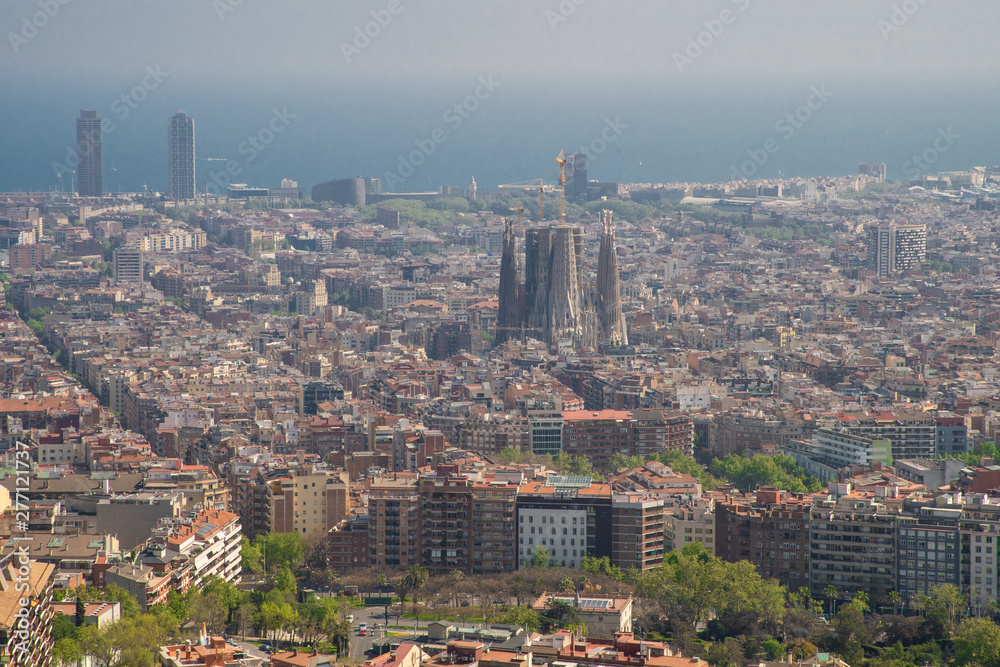 Barcelona, Spain - April, 2019: Panorama view of Barcelona on Bunkers del Carmel