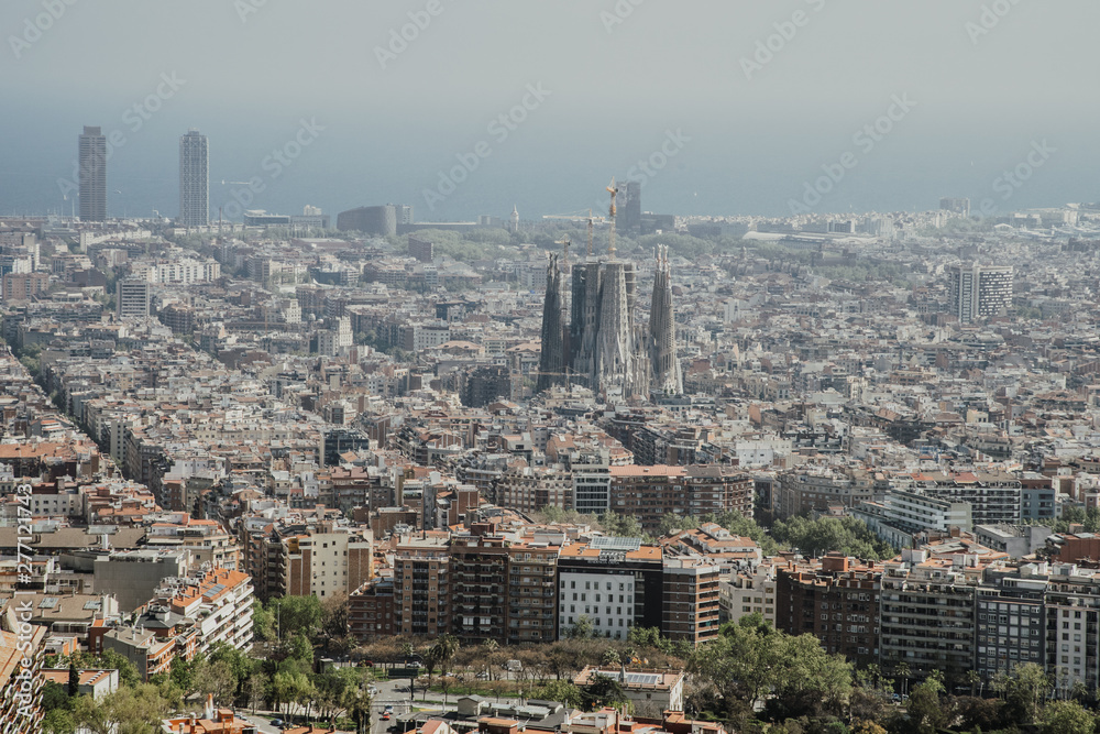 Fototapeta premium Barcelona, Spain - April, 2019: Panorama view of Barcelona on Bunkers del Carmel