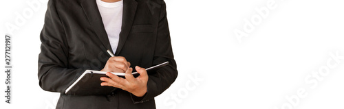 Business woman holding notebook isolated on white background.