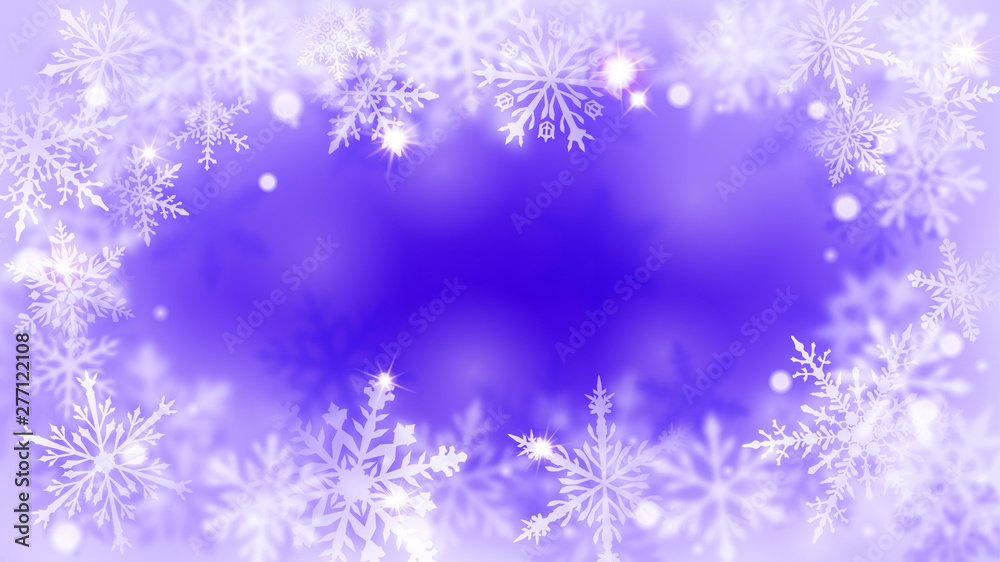 Christmas blurred background with frame of complex defocused big and small snowflakes in blue colors with bokeh effect Christmas blurred background with frame of complex defocused big and small snowflakes in blue colors with bokeh effect