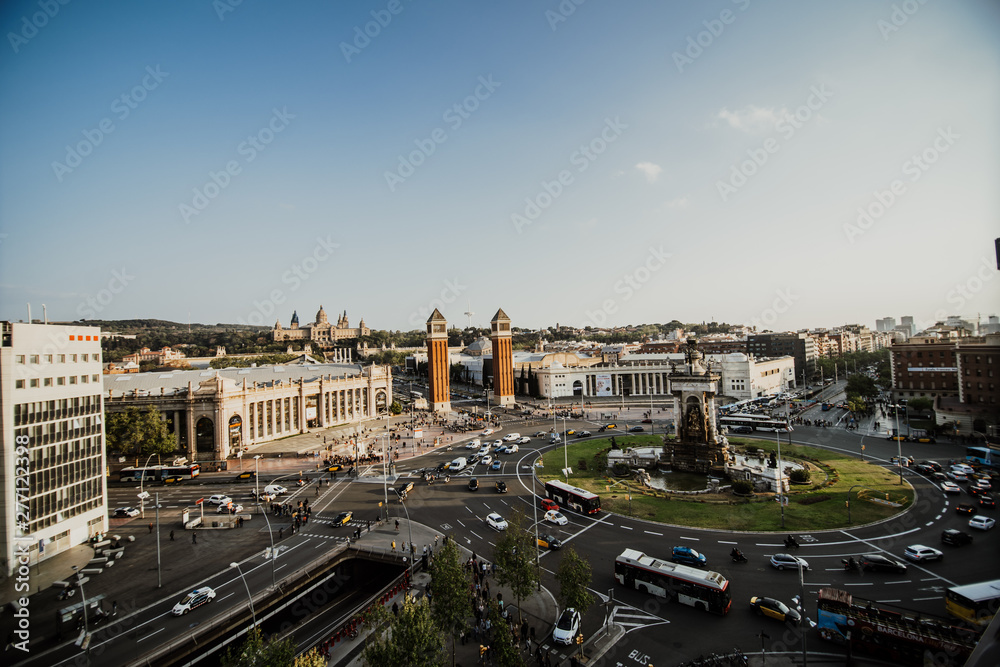BARCELONA - April. 2019: Aerial view of the Placa d'Espanya, also known as Plaza de Espana, one of Barcelona's most important squares, in Barcelona, Spain. BARCELONA - April. 2019: Aerial view of the Placa d'Espanya, also known as Plaza de Espana, one of Barcelona's most important squares, in Barcelona, Spain.