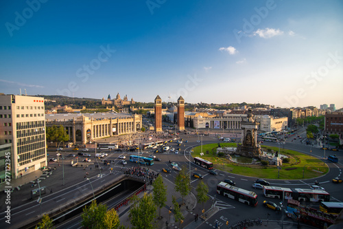 BARCELONA - April. 2019: Aerial view of the Placa d'Espanya, also known as Plaza de Espana, one of Barcelona's most important squares, in Barcelona, Spain.