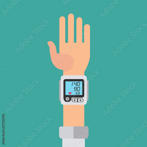 Wrist cuff sphygmomanometer, digital device for measuring blood pressure vector concept