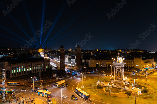 Barcelona, Spain - April, 2019: Night view of Plaza de Espana with Venetian towers. Barcelona