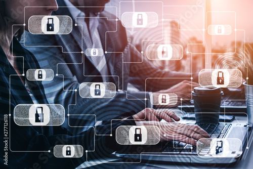 Cyber Security and Digital Data Protection Concept. Icon graphic interface showing secure firewall technology for online data access defense against hacker, virus and insecure information for privacy. photo