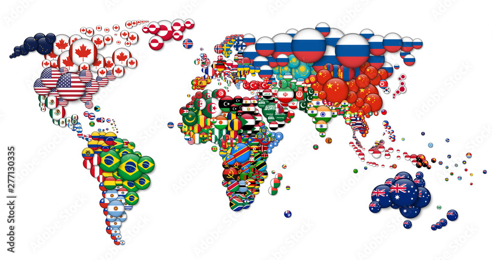 Fototapeta premium World map and all national circle country flags . 3D design . Creative concept . Vector
