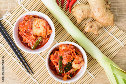 Kimchi cabbage in a bowl and ingredient, Korean food, top view of food