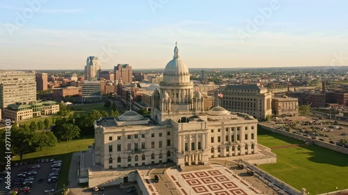 Drone footage of Providence, Rhode Island on a late sunny afternoon. The camera rotates around the state capitol. Providence is the capital city of the U. S. state of Rhode Island.