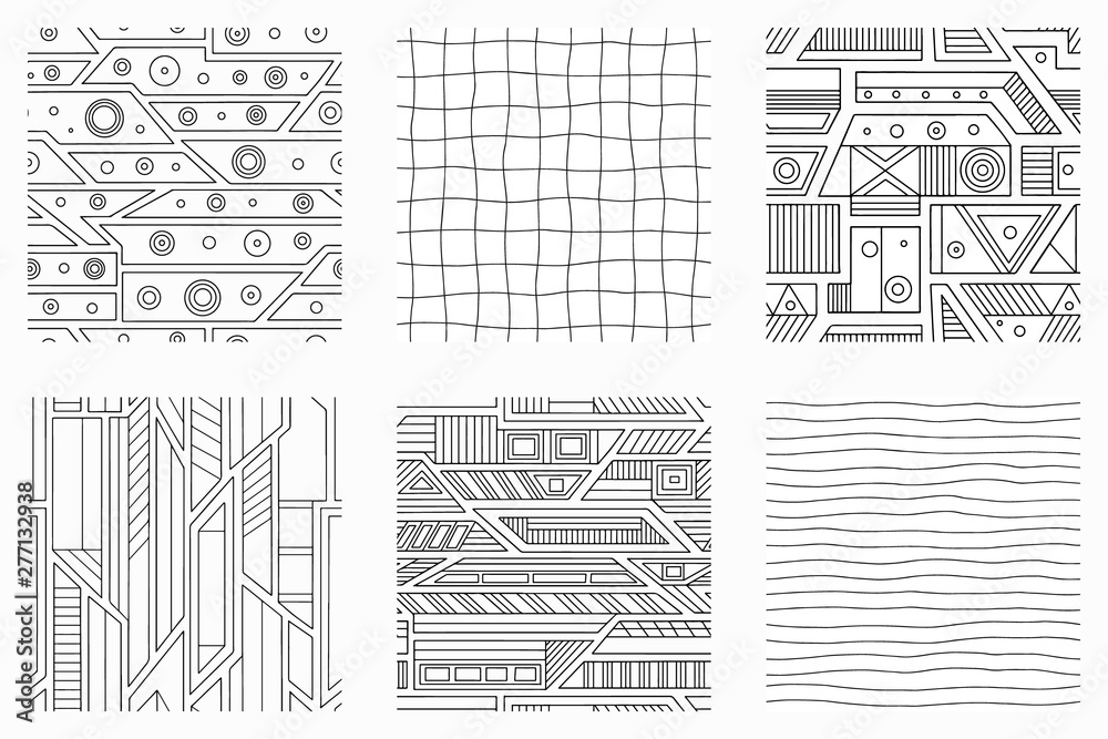 Obraz premium Set of seamless vector pattern, black and white geometric background with rhombus, triangles, rectangles, dots, lines, squares. Abstract graphic design. Line drawing, print for wallpaper, fabric
