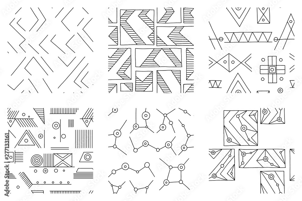 Set of seamless vector pattern, black and white geometric background with rhombus, triangles, rectangles, dots, lines, squares. Abstract graphic design. Line drawing, print for wallpaper, fabric